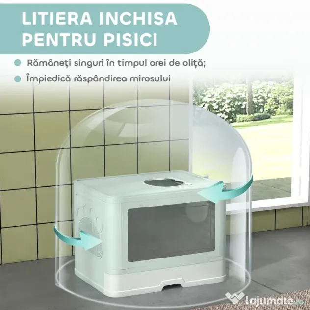 PawHut Litieră de nisip pentru pisici cu Capac, Intrare Dublă, Sertar, Lopățică, Verde | Aosom Romania