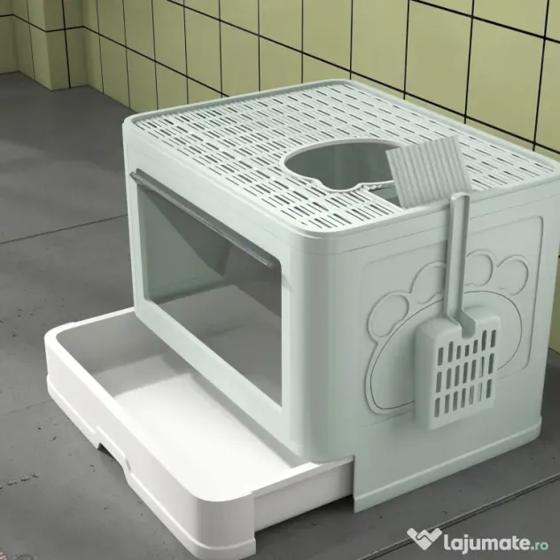 PawHut Litieră de nisip pentru pisici cu Capac, Intrare Dublă, Sertar, Lopățică, Verde | Aosom Romania