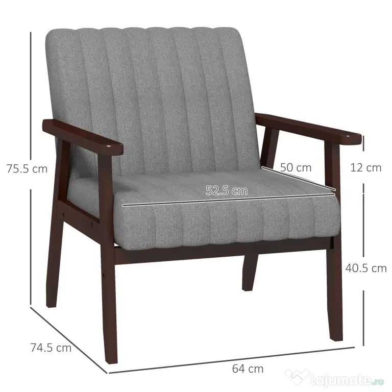 HOMCOM Fotoliu Tip Scaun din Material, Fotoliu Capitonat pentru Dormitor, Sufragerie, cu Picioare din Lemn, 64x74,5x75,5 cm, Gri | Aosom Romania