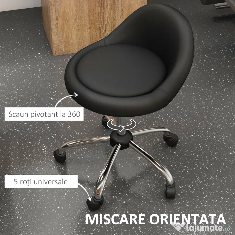 HOMCOM Scaun Salon Reglabil, Rotativ, Înălțime Ajustabilă, Piele PU, cu Roti, Negru | Aosom Romania