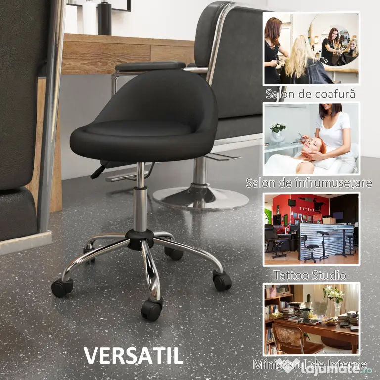 HOMCOM Scaun Salon Reglabil, Rotativ, Înălțime Ajustabilă, Piele PU, cu Roti, Negru | Aosom Romania