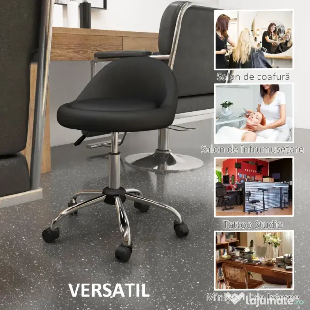 HOMCOM Scaun Salon Reglabil, Rotativ, Înălțime Ajustabilă, Piele PU, cu Roti, Negru | Aosom Romania