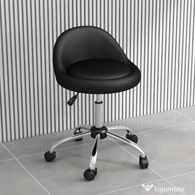 HOMCOM Scaun Salon Reglabil, Rotativ, Înălțime Ajustabilă, Piele PU, cu Roti, Negru | Aosom Romania