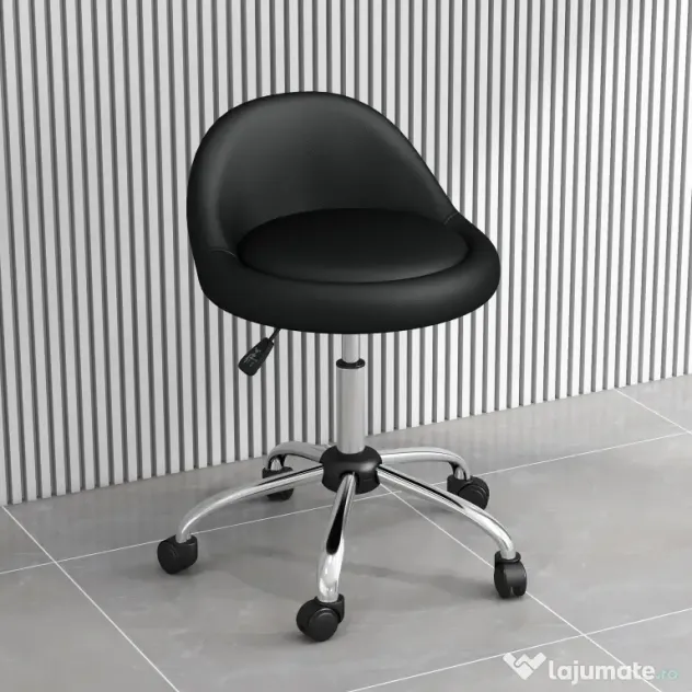HOMCOM Scaun Salon Reglabil, Rotativ, Înălțime Ajustabilă, Piele PU, cu Roti, Negru | Aosom Romania