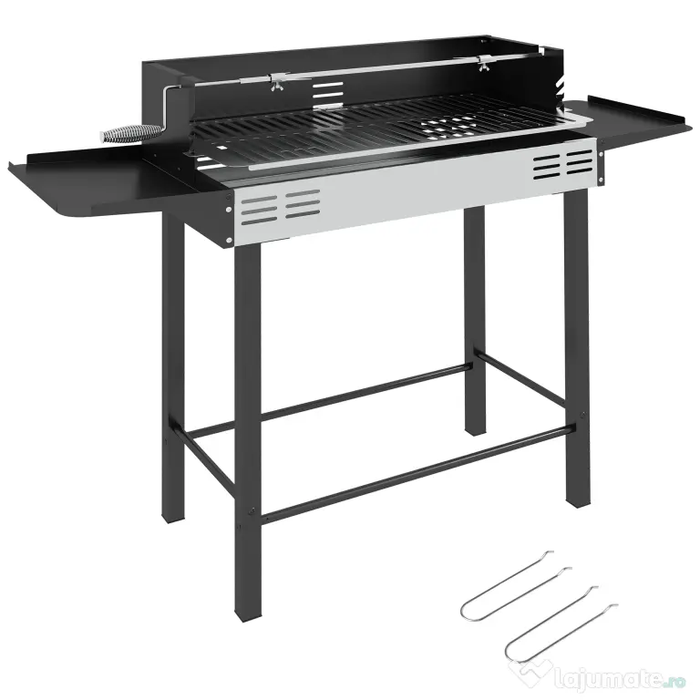 Outsunny BBQ Rotisserie Grill Charcoal Split Roaster for Chicken Turkey 3-Level Grill Grate, Storage Shelves, Stainless Steel | Aosom Romania