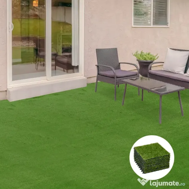 Outsunny Dale pentru Gradina cu Iarba Sintetica 30x30cm 10 Bucati, Gazon Artificial Realist, Densitate 6500 Verde