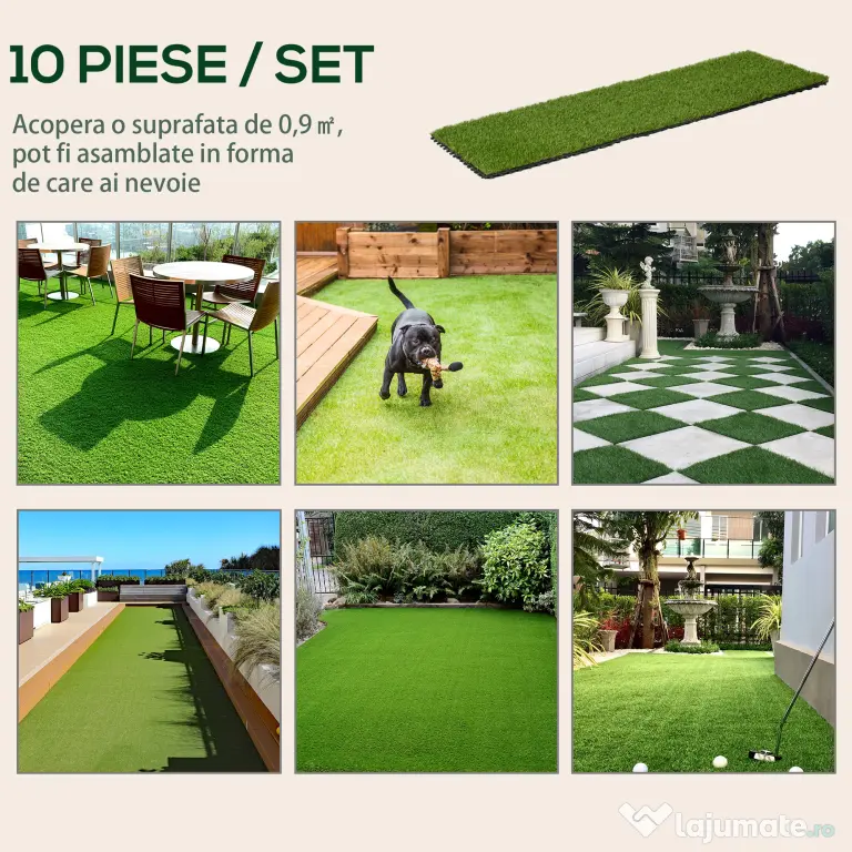 Outsunny Dale pentru Gradina cu Iarba Sintetica 30x30cm 10 Bucati, Gazon Artificial Realist, Densitate 6500 Verde