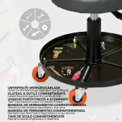 HOMCOM Scaun de atelier cu roți și suport pentru unelte, înălțime reglabilă și rotire, Ø40x25-48cm, negru 
