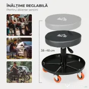 HOMCOM Scaun de atelier cu roți și suport pentru unelte, înălțime reglabilă și rotire, Ø40x25-48cm, negru 
