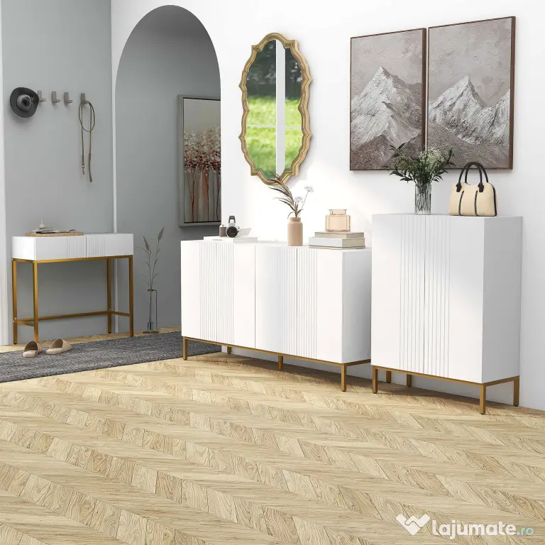 HOMCOM Bufet Modern pentru Living cu 4 Uși și Rafturi Reglabile, Închidere Moale, 140x40x75 cm, Alb | Aosom Romania