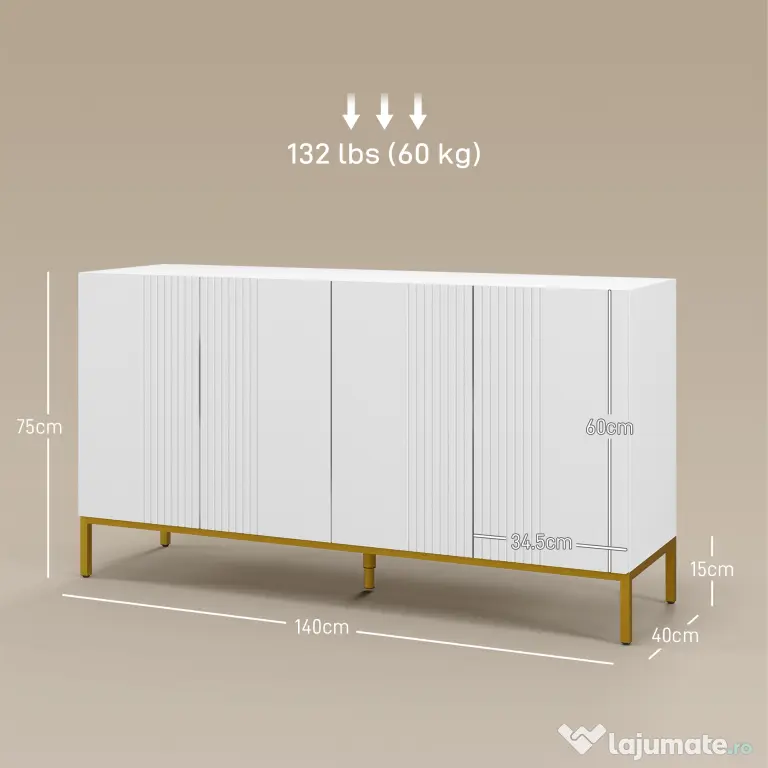 HOMCOM Bufet Modern pentru Living cu 4 Uși și Rafturi Reglabile, Închidere Moale, 140x40x75 cm, Alb | Aosom Romania