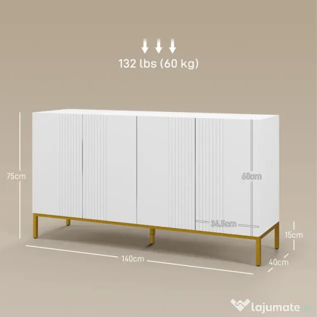 HOMCOM Bufet Modern pentru Living cu 4 Uși și Rafturi Reglabile, Închidere Moale, 140x40x75 cm, Alb | Aosom Romania