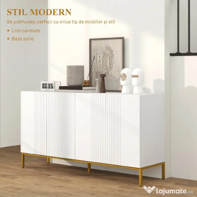 HOMCOM Bufet Modern pentru Living cu 4 Uși și Rafturi Reglabile, Închidere Moale, 140x40x75 cm, Alb | Aosom Romania