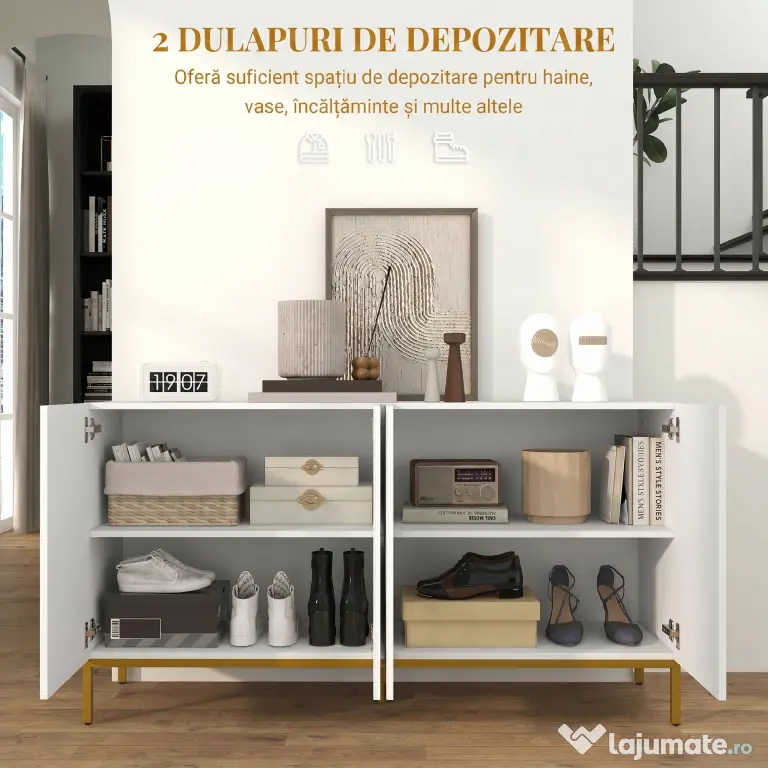 HOMCOM Bufet Modern pentru Living cu 4 Uși și Rafturi Reglabile, Închidere Moale, 140x40x75 cm, Alb | Aosom Romania