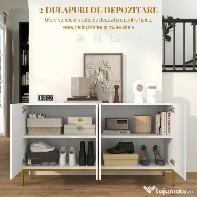 HOMCOM Bufet Modern pentru Living cu 4 Uși și Rafturi Reglabile, Închidere Moale, 140x40x75 cm, Alb | Aosom Romania