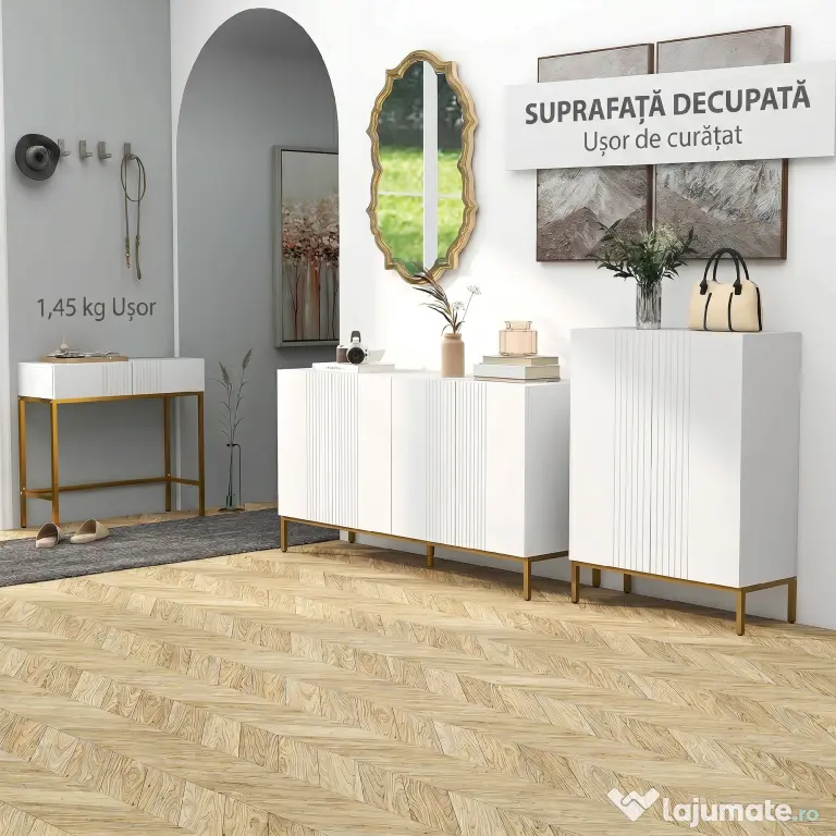 HOMCOM Bufet Modern pentru Living cu 4 Uși și Rafturi Reglabile, Închidere Moale, 140x40x75 cm, Alb | Aosom Romania