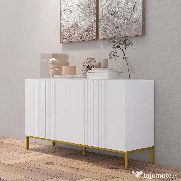 HOMCOM Bufet Modern pentru Living cu 4 Uși și Rafturi Reglabile, Închidere Moale, 140x40x75 cm, Alb | Aosom Romania