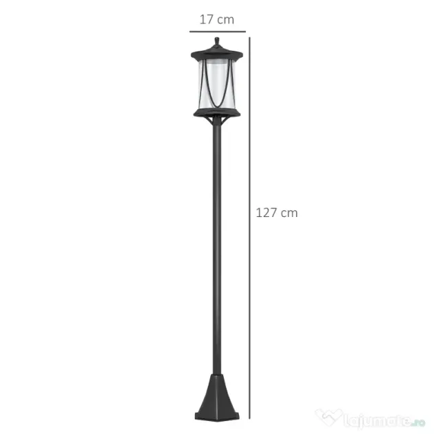 Outsunny Lampadar Solar cu 6h Autonomie și Ancorare în Sol, Lampadar de Exterior din Policarbonat și ABS IP44, 17x17x127 cm, Negru