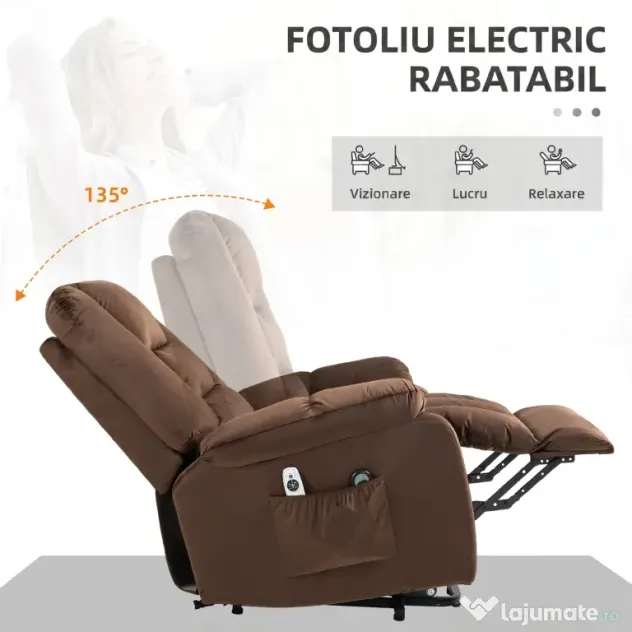 HOMCOM Scaun Rabatabil cu Ridicare Electrică și Înclinare la 135°, 8 Puncte de Masaj și 4 Modalități, 85x94x107 cm, Maro Închis | Aosom Romania