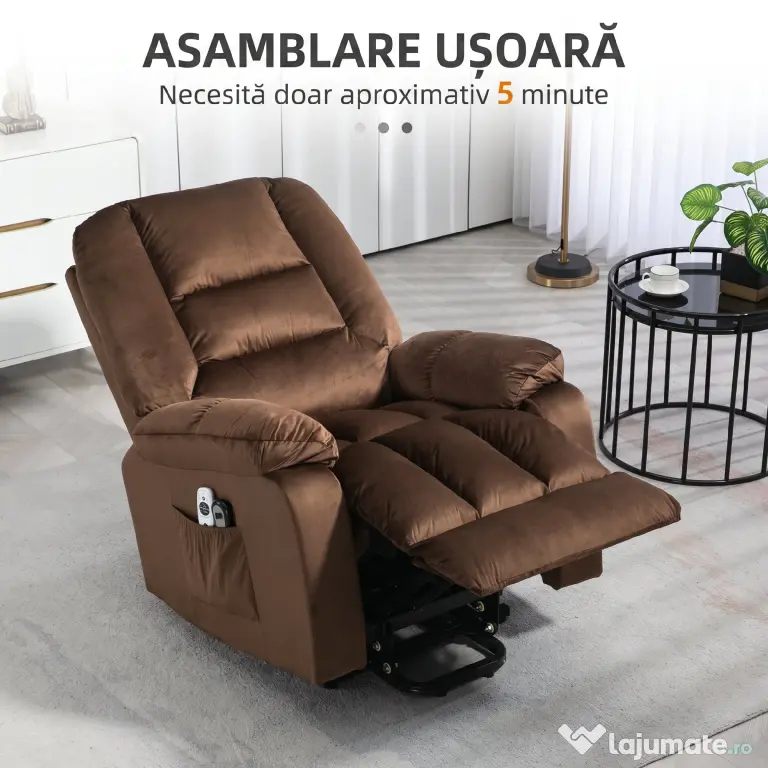 HOMCOM Scaun Rabatabil cu Ridicare Electrică și Înclinare la 135°, 8 Puncte de Masaj și 4 Modalități, 85x94x107 cm, Maro Închis | Aosom Romania