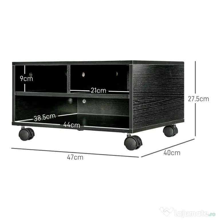 HOMCOM Cabinet pentru Imprimantă cu 2 Rafturi, Birou din Lemn și Cabinet de studiu cu Roți, 47x40x22.5 cm, Negru | Aosom Romania