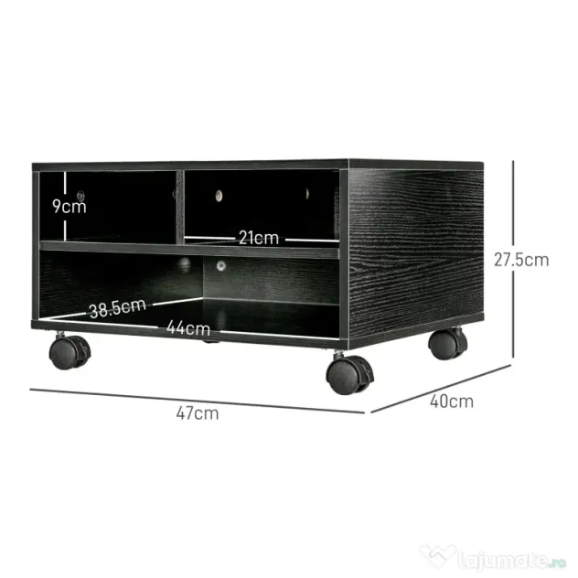 HOMCOM Cabinet pentru Imprimantă cu 2 Rafturi, Birou din Lemn și Cabinet de studiu cu Roți, 47x40x22.5 cm, Negru | Aosom Romania