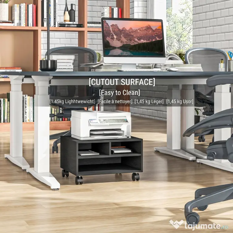 HOMCOM Cabinet pentru Imprimantă cu 2 Rafturi, Birou din Lemn și Cabinet de studiu cu Roți, 47x40x22.5 cm, Negru | Aosom Romania