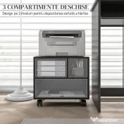 HOMCOM Suport Imprimantă pe 2 Niveluri cu Depozitare, Cărucior Imprimantă pe Roți cu 3 Compartimente, 40x30x36 cm, Negru | Aosom Romania 