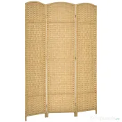 HOMCOM Paravan Interior Pliabil cu 3 Panouri Împletit din PP și Lemn de Pin, 135x1,7x180 cm, Lemn Natural | Aosom Romania 