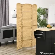 HOMCOM Paravan Interior Pliabil cu 3 Panouri Împletit din PP și Lemn de Pin, 135x1,7x180 cm, Lemn Natural | Aosom Romania 