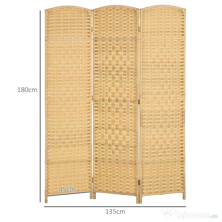 HOMCOM Paravan Interior Pliabil cu 3 Panouri Împletit din PP și Lemn de Pin, 135x1,7x180 cm, Lemn Natural | Aosom Romania