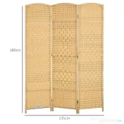 HOMCOM Paravan Interior Pliabil cu 3 Panouri Împletit din PP și Lemn de Pin, 135x1,7x180 cm, Lemn Natural | Aosom Romania 