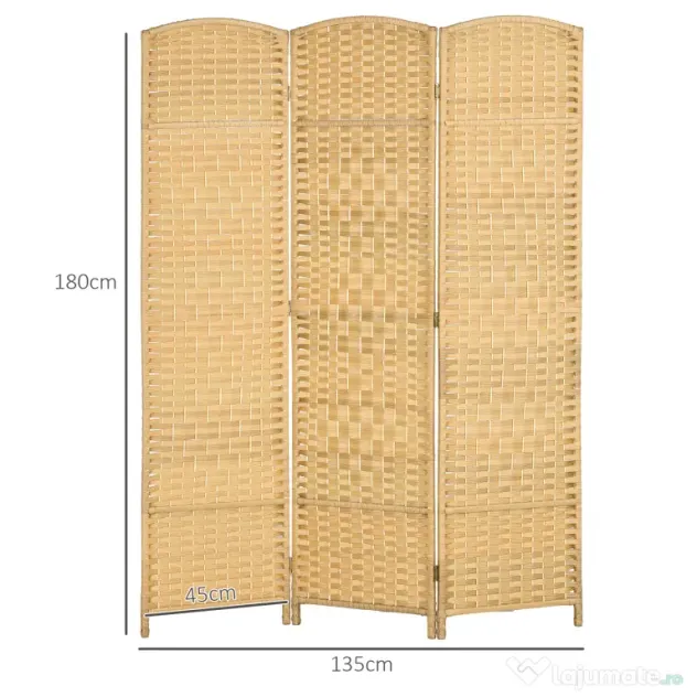 HOMCOM Paravan Interior Pliabil cu 3 Panouri Împletit din PP și Lemn de Pin, 135x1,7x180 cm, Lemn Natural | Aosom Romania