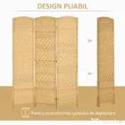 HOMCOM Paravan Interior Pliabil cu 3 Panouri Împletit din PP și Lemn de Pin, 135x1,7x180 cm, Lemn Natural | Aosom Romania 