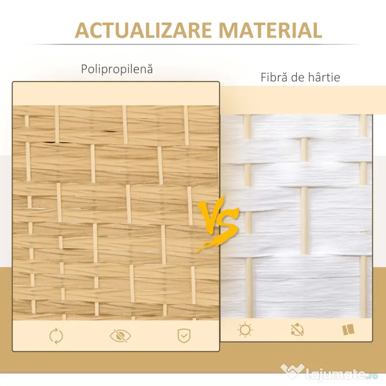 HOMCOM Paravan Interior Pliabil cu 3 Panouri Împletit din PP și Lemn de Pin, 135x1,7x180 cm, Lemn Natural | Aosom Romania