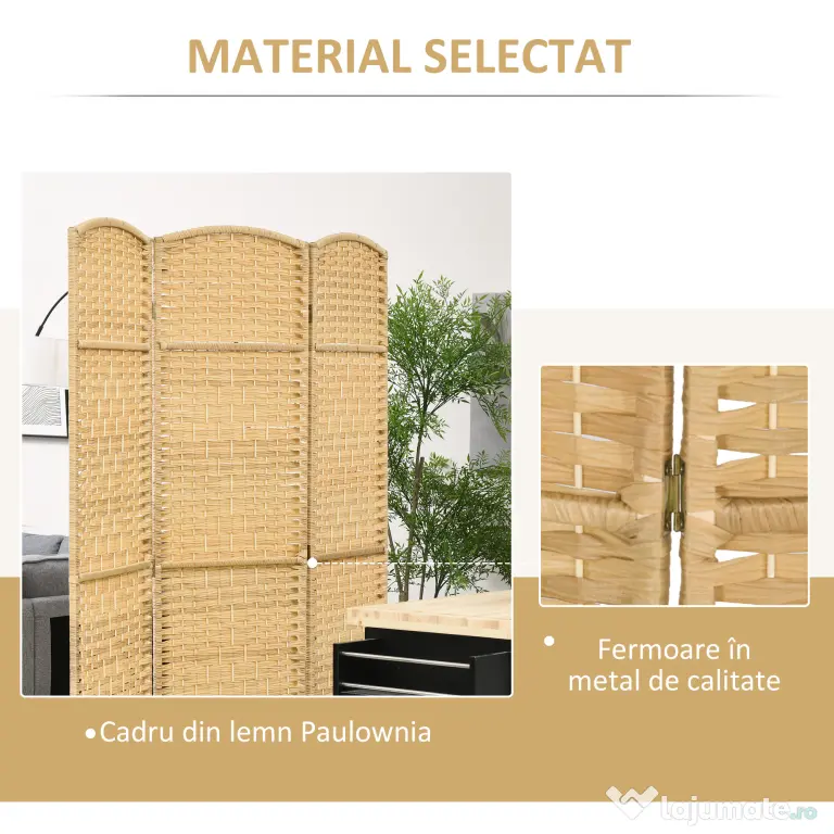 HOMCOM Paravan Interior Pliabil cu 3 Panouri Împletit din PP și Lemn de Pin, 135x1,7x180 cm, Lemn Natural | Aosom Romania