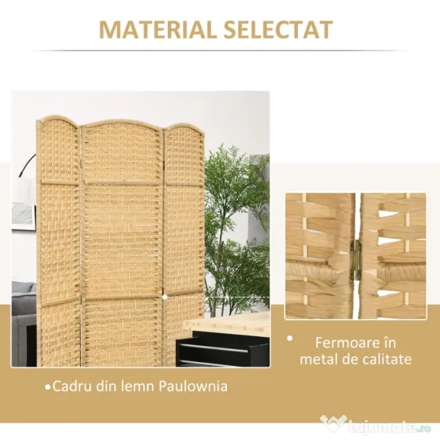 HOMCOM Paravan Interior Pliabil cu 3 Panouri Împletit din PP și Lemn de Pin, 135x1,7x180 cm, Lemn Natural | Aosom Romania