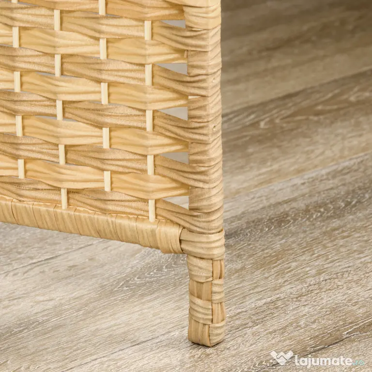 HOMCOM Paravan Interior Pliabil cu 3 Panouri Împletit din PP și Lemn de Pin, 135x1,7x180 cm, Lemn Natural | Aosom Romania
