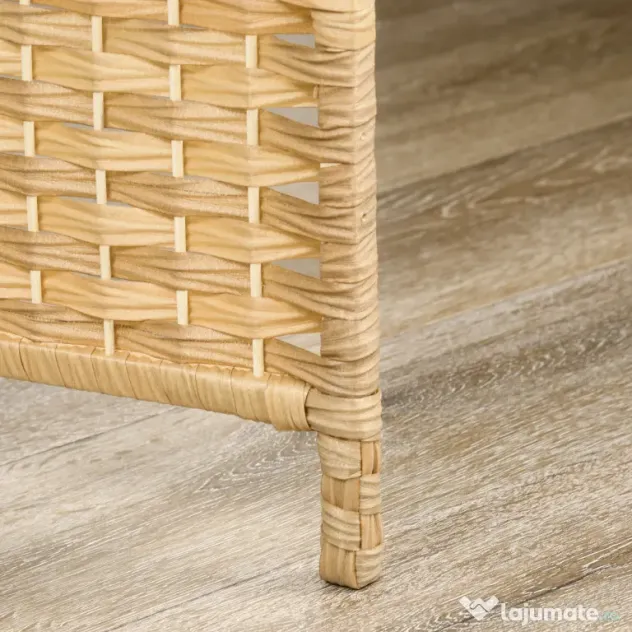 HOMCOM Paravan Interior Pliabil cu 3 Panouri Împletit din PP și Lemn de Pin, 135x1,7x180 cm, Lemn Natural | Aosom Romania