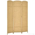 HOMCOM Paravan Interior Pliabil cu 3 Panouri Împletit din PP și Lemn de Pin, 135x1,7x180 cm, Lemn Natural
