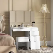 HOMCOM Set Masă de Toaletă cu Oglindă și 5 Sertare și Taburet de Machiaj Tapițat, 97,2x44,5x136,5 cm, Alb | Aosom Romania 