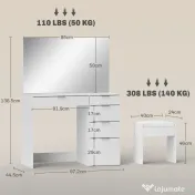 HOMCOM Set Masă de Toaletă cu Oglindă și 5 Sertare și Taburet de Machiaj Tapițat, 97,2x44,5x136,5 cm, Alb | Aosom Romania 