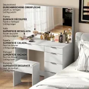 HOMCOM Set Masă de Toaletă cu Oglindă și 5 Sertare și Taburet de Machiaj Tapițat, 97,2x44,5x136,5 cm, Alb | Aosom Romania 