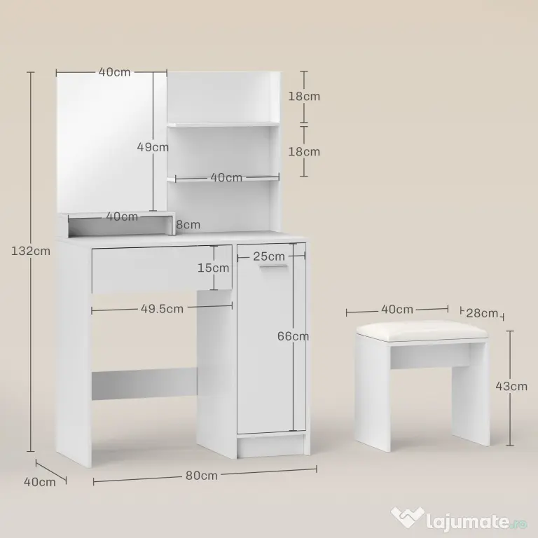 HOMCOM Masă de Toaletă cu Oglindă și Taburet, 80x40x132 cm, Alb | Aosom Romania