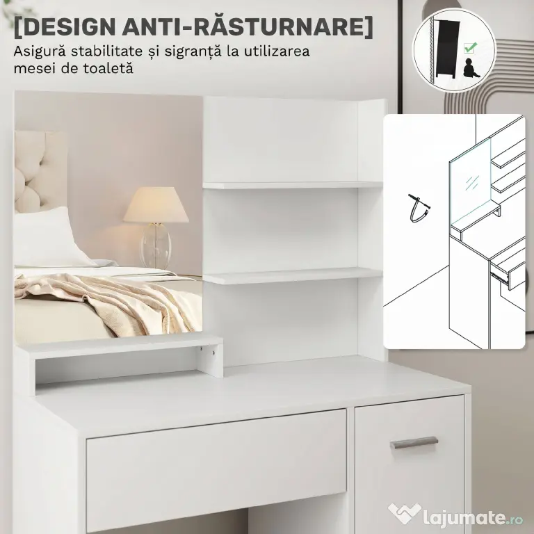 HOMCOM Masă de Toaletă cu Oglindă și Taburet, 80x40x132 cm, Alb | Aosom Romania