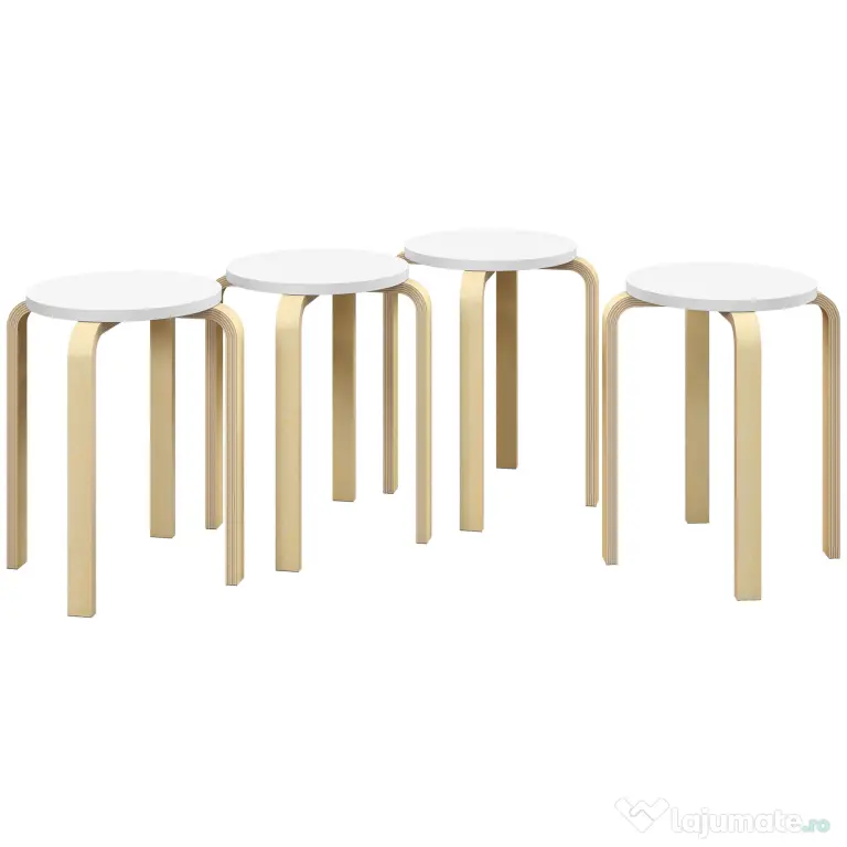 HOMCOM Set de Scaune Stivuibile pentru 4 Persoane, Scaune Moderne de Stivuire, Scaune Rotunde fără Spate, 40x40x45 cm, Lemn Natural | Aosom Romania