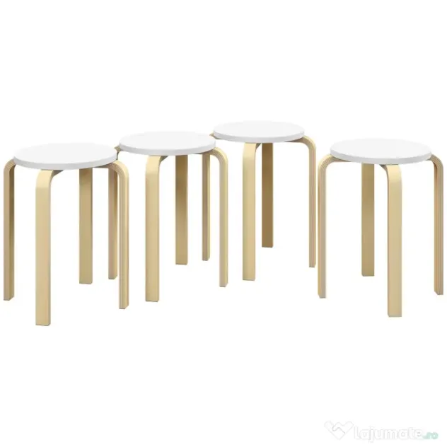HOMCOM Set de Scaune Stivuibile pentru 4 Persoane, Scaune Moderne de Stivuire, Scaune Rotunde fără Spate, 40x40x45 cm, Lemn Natural | Aosom Romania