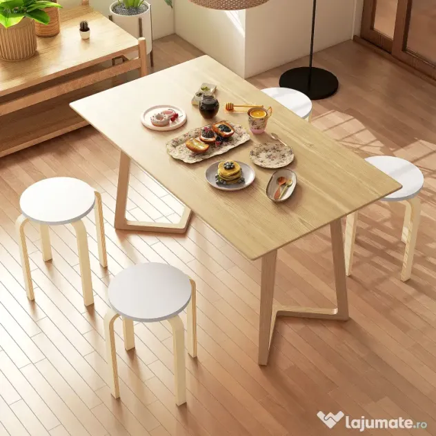 HOMCOM Set de Scaune Stivuibile pentru 4 Persoane, Scaune Moderne de Stivuire, Scaune Rotunde fără Spate, 40x40x45 cm, Lemn Natural | Aosom Romania