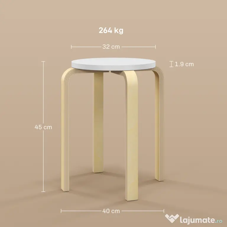 HOMCOM Set de Scaune Stivuibile pentru 4 Persoane, Scaune Moderne de Stivuire, Scaune Rotunde fără Spate, 40x40x45 cm, Lemn Natural | Aosom Romania