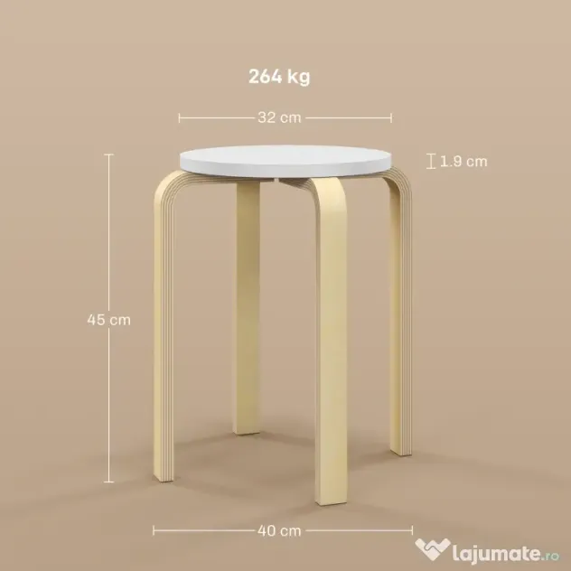 HOMCOM Set de Scaune Stivuibile pentru 4 Persoane, Scaune Moderne de Stivuire, Scaune Rotunde fără Spate, 40x40x45 cm, Lemn Natural | Aosom Romania